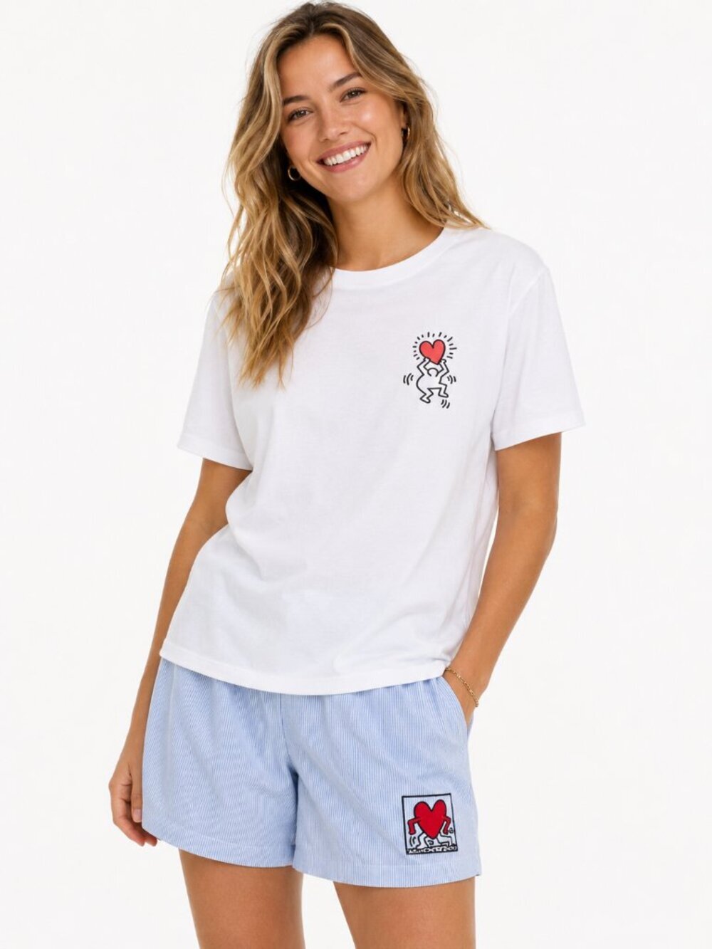 Keith Haring Womens Tee & Boxer Set White Tee Blue Striped Short Soft